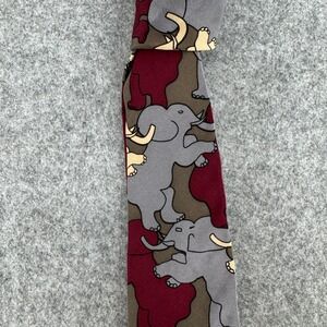 Vicky Davis Necktie Mens OS Elephant Print Burgundy Grey Tan Silk EUC